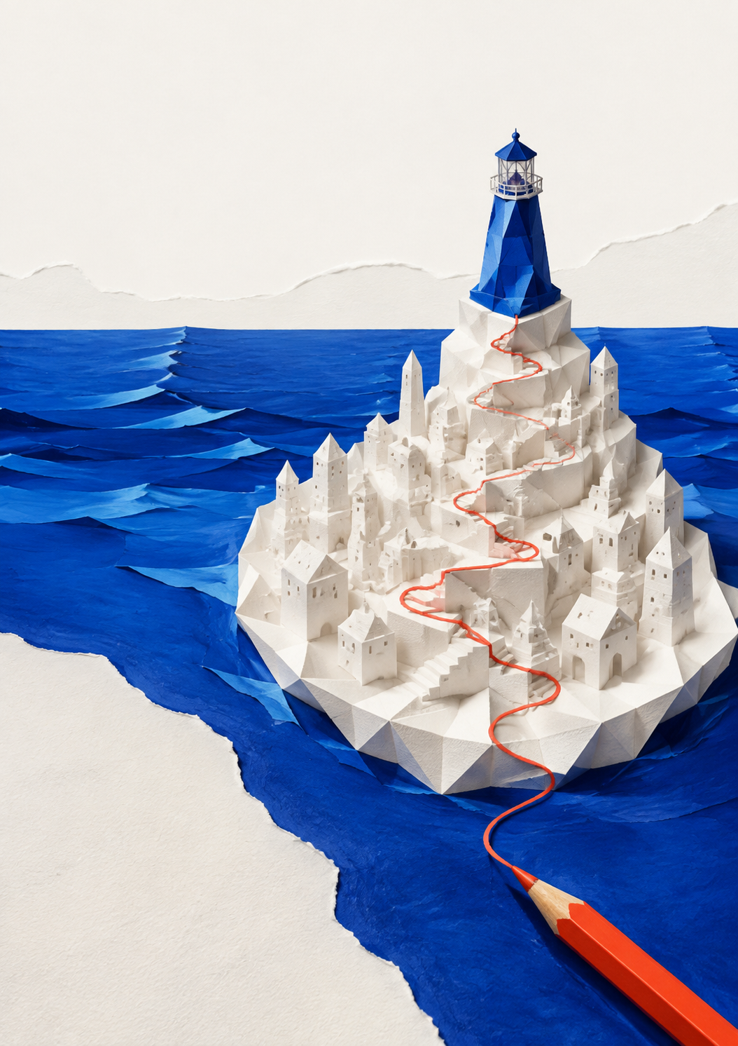 A blue lighthouse rises from a folded-paper city, with a red pencil tracing a path to its summit.
